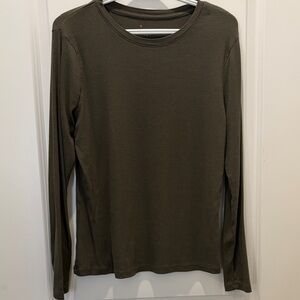 Classic Long Sleeve Crew Neck Top - Olive Green and Off White